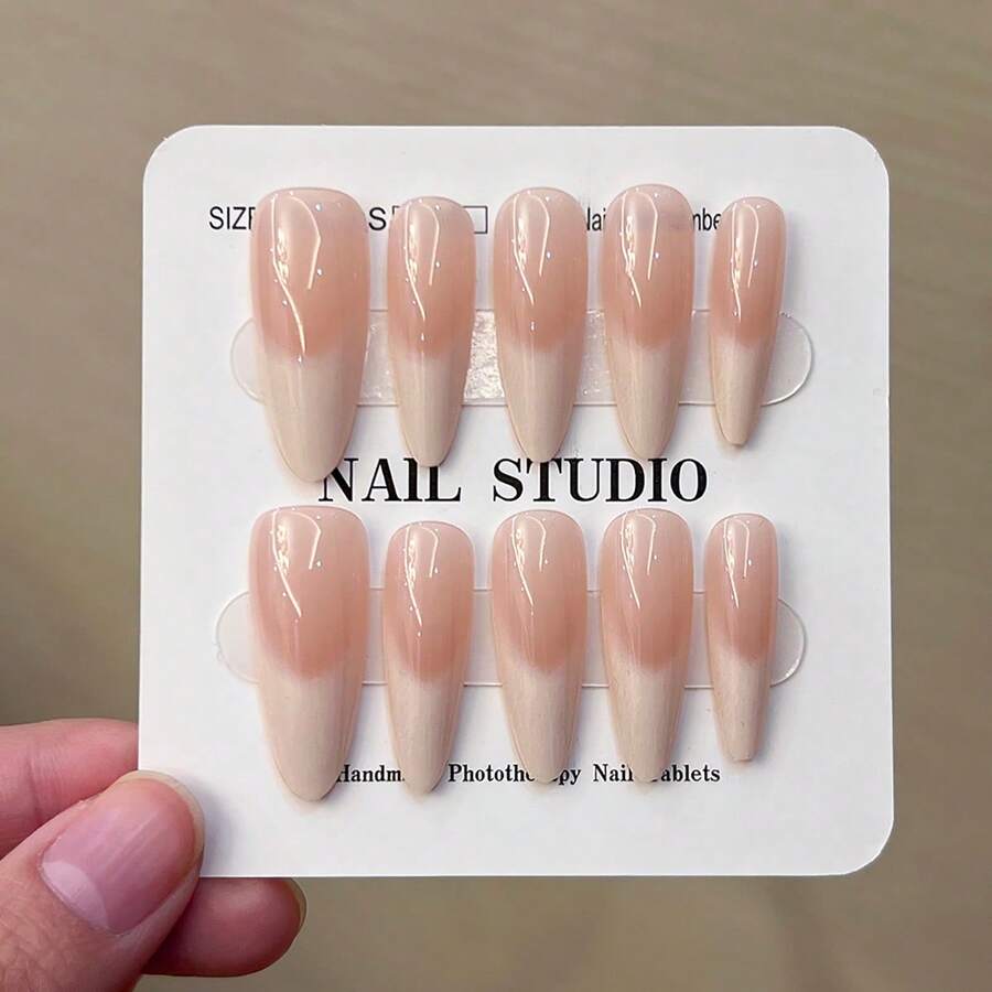 10片/盒 Y2K 手工长杏仁乳白渐变法式美甲贴纸，加厚甲贴，包含1片果冻胶和1个指甲锉，适合女性和女孩日常、派对、聚会等场合的美甲用品
