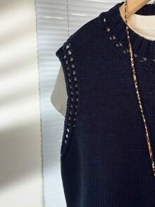 Wixra 休闲无袖上衣，镂空圆领，甜美设计，百搭背心，居家及日常穿着皆宜，春夏款 - 藏蓝色 - 查看 3