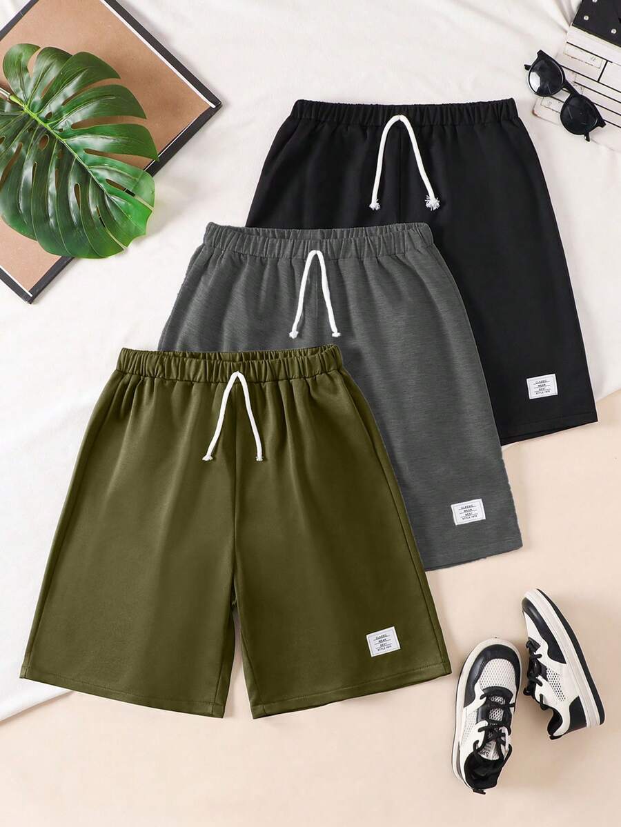 Bộ 3 quần short thể thao thường ngày cho nam thiếu niên, có dây rút giả, màu trơn, chất liệu vải dệt kim nhẹ, thoải mái cho mùa xuân/hè đi học, các hoạt động ngoài trời, đạp xe, chạy bộ và mặc hàng ngày. - Nhiều màu - Xem 1