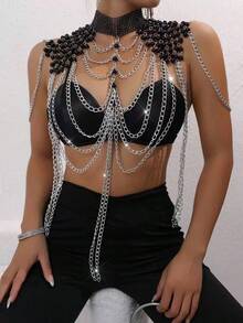 DEKUNER 1pc Gothic Style Sexy Black Spaghetti Strap Metal Tassel Chain Body Chain, Luxury Shoulder Chain, Fashion Queen Party Outfit - Black - View 6