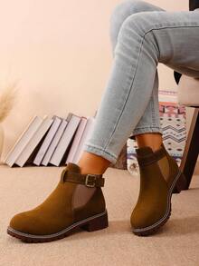2025 Bestselling Brown Lace-Up Strap Buckle Short Boots For Women, Low Heel, Wide Fit, Chelsea Style, Fashion, Comfortable, Versatile - Brown - View 3