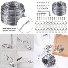 XISH Kit para colgar imágenes ganchos para cuadros en D con tornillos alambre para colgar imágenes 100 pies y mangas de aluminio soporta hasta 30 libras destornillador incluido - Plateado - Ver 8