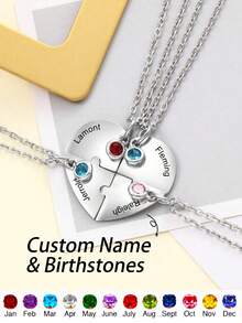 Customized Birthstone & Name Necklace, Personalized Heart Puzzle Design, Friendship Gift For Sisters And Friends