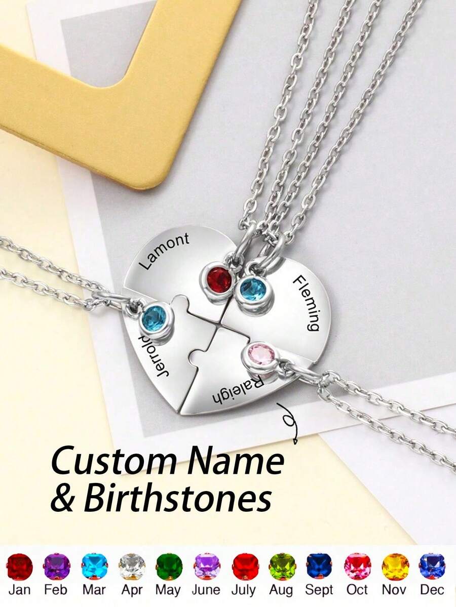 Customized Birthstone & Name Necklace, Personalized Heart Puzzle Design, Friendship Gift For Sisters And Friends