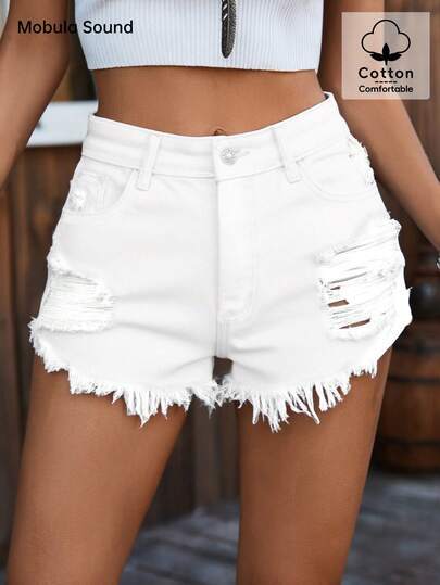 Mobula Sound# Fashionable Ripped Casual Y2K Music Festival Shorts, Sexy And Elegant, Suitable For Summer Vacation And Student Wear White