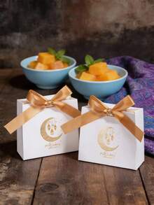 10pcs/Set Star & Moon Gift Box, Castle Pattern, Gold & White, DIY Candy Paper Box With Ribbon Bow, Gift Packaging, 1pc/5pcs/10pcs Set - Multicolor - View 3