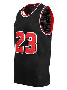 قميص كرة السلة للرجال مطرز، رقم 23، تي شيرت أسود كاجوال بياقة على شكل حرف V بدون أكمام، سترة رياضية للحفلات - الأسود - مشاهدة 2