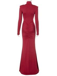 女士红色褶皱针织长裙优雅长袖紧身立领鱼尾下摆连衣裙