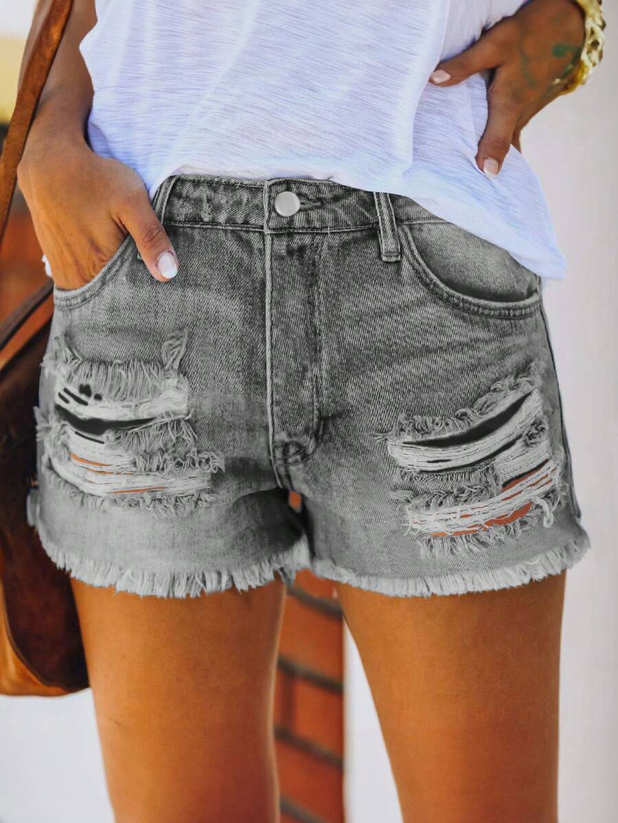 做旧直筒水洗毛边牛仔短裤，欧美风格，春夏款 - 淺灰色 - 查看 1