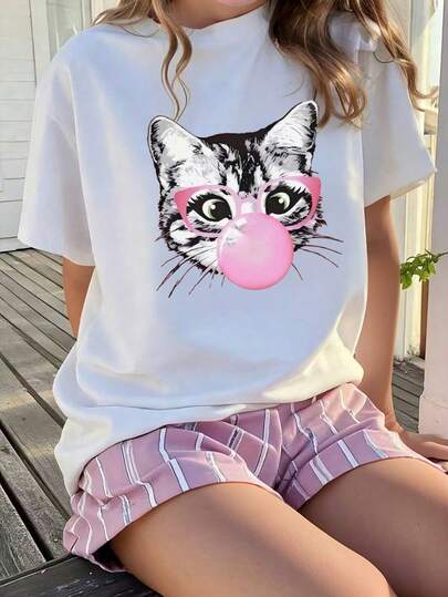 Tween Girls' Cartoon Cat Print Round Neck Loose Casual Short Sleeve T-Shirt
