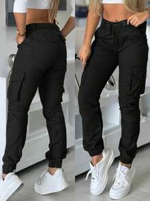 ChicMe Women's Cargo Pants, Drawstring Elastic Waist, Multiple Flap Pockets, Zipper Fly, Elastic Hem, Casual Daily Wear - Black - View 4
