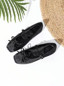 2025 New Autumn Satin Mary Jane Flat Shoes For Women With Bow Tie, Black - Black - View 1