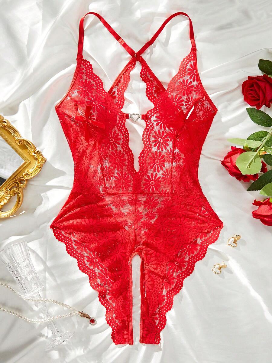 Women's Sexy Lace Open Back Crotchless Bodysuit For Going Out, Baddie Look - Red - View 1