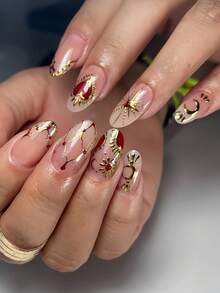 24 piezas de uñas postizas clásicas y minimalistas con formas de corazón, luna, estrella, francés y línea en color dorado metálico con forma de almendra, adecuadas para el Día de San Valentín, Año Nuevo, fiestas, bailes y ocasiones casuales, reutilizables y fáciles de quitar. Incluye pegamento de gelatina y lima de uñas. - Multicolor - Ver 15