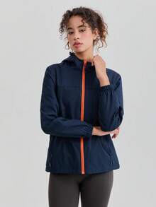 Chaqueta cortavientos de contraste de color para mujer, chaqueta deportiva impermeable y a prueba de viento para exteriores, transpirable, de manga larga, para correr, ciclismo, senderismo, para uso diario casual con cremallera, para primavera - azul real - Ver 8