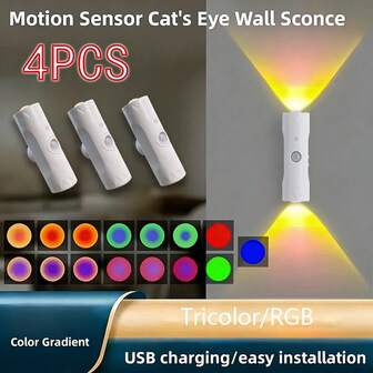 4 st/2 st/1 st justerbar RGB magnetisk nattlampa med rörelsesensor och USB-laddning, vidvinkelavkänning, dimbar, väggmonterad/bordsmonterad, för skåp, korridorer (ej vattentät)
