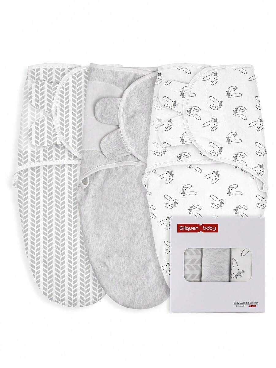 GLLQUEN BABY 婴儿襁褓睡袋 3 件装 - 适用于新生儿、0-3 个月婴儿、女婴、男婴，柔软舒适的新生儿睡袋，婴儿房襁褓毯 - 兔子 - 查看 1
