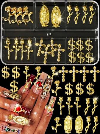 24pcs Charming Golden Alloy Cross Rose Tulip Religious Figure Statue Nail Decoration Accessory Set, Luxurious Alloy Base Nail Jewelry Accessory, Hot Girl Y2K Style, Fashionable Subculture Cool Style, 3D Nail Art Decoration, Rhinestone 3D Nail Pendant, Japanese And Korean Style Simple And Fashionable Versatile Nail Decoration Shining DIY Fake Nail Press Nail Phone Case Accessories, Nail Gemstones, Nail Supplies, Nail Decorations Gift Box.