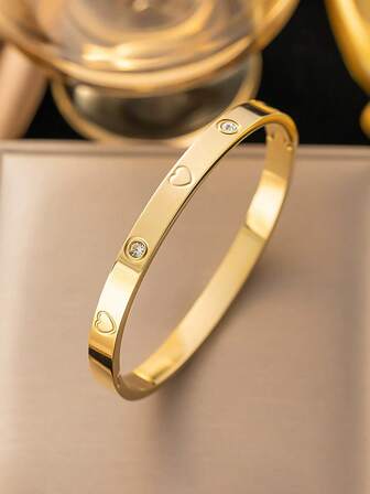 1pc 18K Gold Plated Stainless Steel Heart-Shaped Bracelet, Minimalist & Luxurious, Suitable For Women To Wear On Dates
