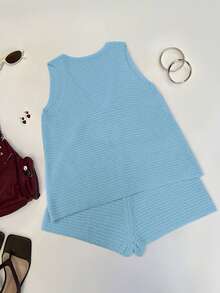 女士针织性感上衣短裤套装，适合日常穿着、度假和打造性感造型 - 藍色 - 查看 4