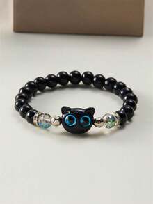 2条装ins风编织手链，配黑色小猫吊坠，情侣及闺蜜礼物 - 黑綠色 - 查看 10