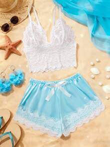 Valentine's Day Surprise Gift New Sexy Lingerie Set Soft White Lace Bra Bow Eyelash Satin Shorts Adjustable Shoulder Straps Bra Sleepwear Two Pieces Set