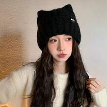1 Piece Cat Ear Knitted Hat For Women Autumn And Winter New Japanese Style Warm And Lovely Knitting Hat Korean Version Thickening Versatile Cold Hat - 黑色 - 查看 8