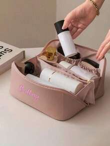 Customized Embroidered Makeup Bag, Personalized Embroidered Leather Cosmetic Bag, Large Capacity Makeup Bag, Bridesmaid Gift, Bridal Party Gift, Zipper Top Makeup Bag - Multicolor - View 3