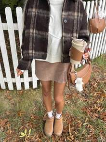 女士格子羊毛休闲西装外套，饰有滚边，适合圣诞节和新年、秋冬春季的商务着装。 - 棕色 - 查看 3