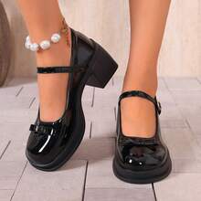 1 Pair Black Bow Mary Jane Shoes For Teenagers, Patent Leather, Thick Heels, Height Increasing Retro, Low Vamp, Strap College Style Small Leather Shoes - Black - View 11