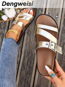 Adjustable Striped Buckle Double-Sole Birkenstocks Style Casual Beach Holiday Summer Fashion Sandals For Women - Gold - View 6