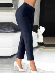 Unnepho纯色拉链口袋弹力面料藏蓝色修身直筒裤：优雅的职场着装；百搭休闲裤，适合日常穿着，春季必备 - 藏蓝色 - 查看 2