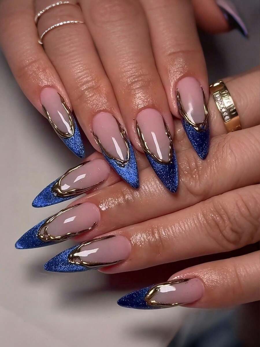 24 buc unghii French Tips cu sclipici roz și albastru, migdale, aplicate cu linie aurie - Albastru regal - Vizualizare 1