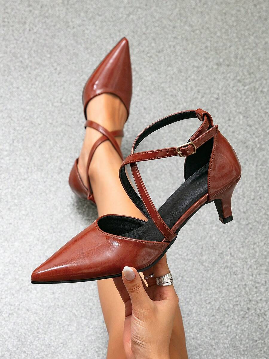 欧美时尚尖头高跟凉鞋，细高跟镂空露跟百搭女鞋，适合婚礼、派对和优雅场合，黑色 - 酒紅色 - 查看 1