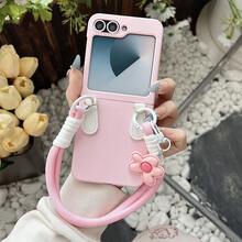 Korean Style Cute Pink Phone Case With Flower Pendant And Anti-Loss Lanyard, Compatible With Samsung Galaxy ZFlip7, Flip8, Z Flip6, ZFlip 5, Shockproof Back Cover, Also Compatible With Motorola And Flip Phones - Pink - View 6