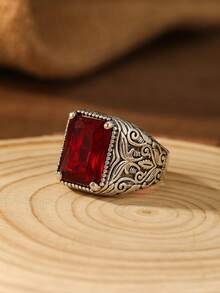 1入組歐美風格時尚復古紅色鑲嵌男士日期戒指 - 復古銀色 - 查看 10