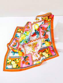1pc Women's Cherry Lemon Theme Silk Scarf, Contrast Color Satin Small Square Scarf, Fresh Neck Decor Neckerchief For Spring/Summer - Multicolor - View 8
