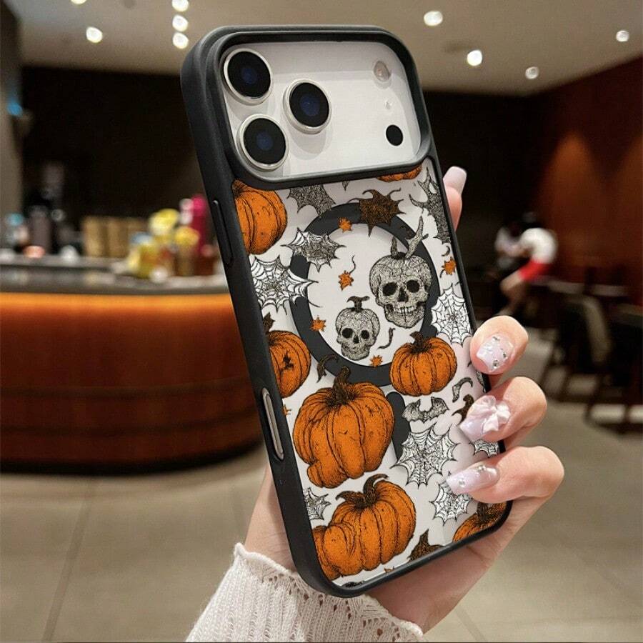 High-Quality Macaron Acrylic Magnetic Phone Case,Spooky Pumpkin & Skull Artwork Cell Phone Shell Design Magnetic Charging Phonecase Handy Case, Handy Cover For  11 12 13 14 15 16 17 17 Air 17 Pro 17 Pro Max Shock Resistant Protective Case - Negro - Ver 1