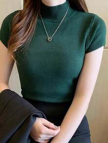 Camiseta de mujer de cuello medio-alto, top casual, estilo coreano de moda en color liso, para la temporada de primavera-verano - Burdeos - Ver 5