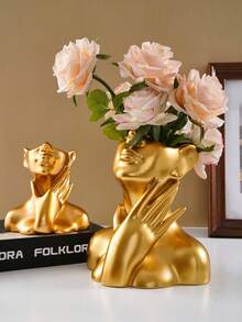 一件现代抽象艺术雕塑花瓶，适用于门厅、餐桌、客厅、办公室、卧室和厨房。北欧风格客厅装饰，理想的结婚礼物。婚礼必备。 - 金色 - 查看 2