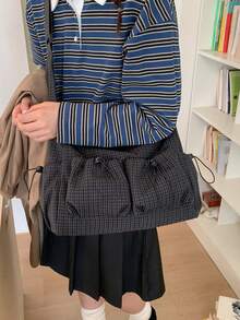 Lightweight Foldable Plaid Shoulder Bag, Casual Versatile Multi-Pocket Sweet Style Crossbody Bag, Suitable For School, College, Shopping, Short Trip, Zipper Closure, Drawstring, Pleated Crescent Design - Multicolor - View 6