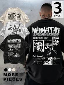 Zrgoth 3pcs/Set Men's Casual Versatile English Slogan & Nature Landscape Graphic Print Short Sleeve T-Shirts - Multicolor - View 1