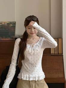 Polka Dot Frill Trim Long Sleeve T-Shirt For Women, Bowknot Tie Design, Slim Fit Round Neck Undershirt - White - View 1