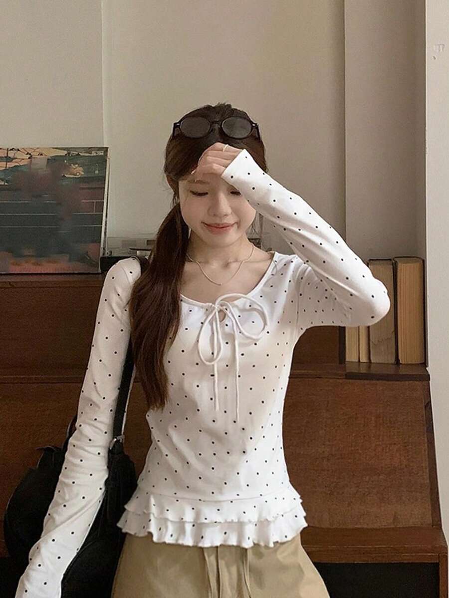 Polka Dot Frill Trim Long Sleeve T-Shirt For Women, Bowknot Tie Design, Slim Fit Round Neck Undershirt - White - View 1