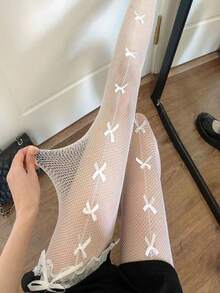 Butterfly Knot Fishnet Stockings For Women White Fishnet Pantyhose Hollow Out Pantyhose - 14 chiếc nơ trắng - Xem 3