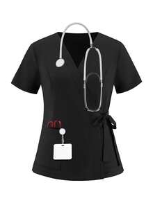 cimmuovere Top de blouse de travail à col en V et manches courtes avec deux poches pour femmes grandes tailles. Blouse de travail pour infirmière, dentiste, soins de santé, hôpital vétérinaire, laboratoire. Convient pour l'automne et le printemps. - Noir - Voir 10