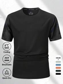 这款男士夏季迷彩T恤袖子上也采用了迷彩图案，透气舒适。适合户外活动、健身房锻炼、骑行和日常穿着。是夏季必备单品。黑色 - 黑色 - 查看 3