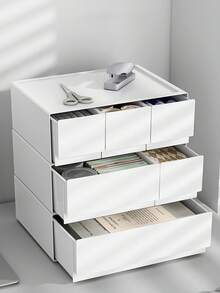 白色塑料抽屉式收纳盒，可自由组合堆叠，桌面整理盒，适用于办公室、学校和桌面杂物收纳。