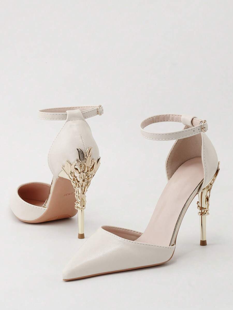 Elegant Metallic Floral Pointed Toe Slingback High Heel Pumps, Sexy Fashion Women Shoes - White - View 1