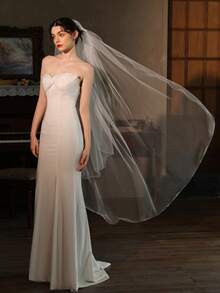 1件双层卷边新娘头纱，带发梳，婚礼摄影头饰，婚纱配饰